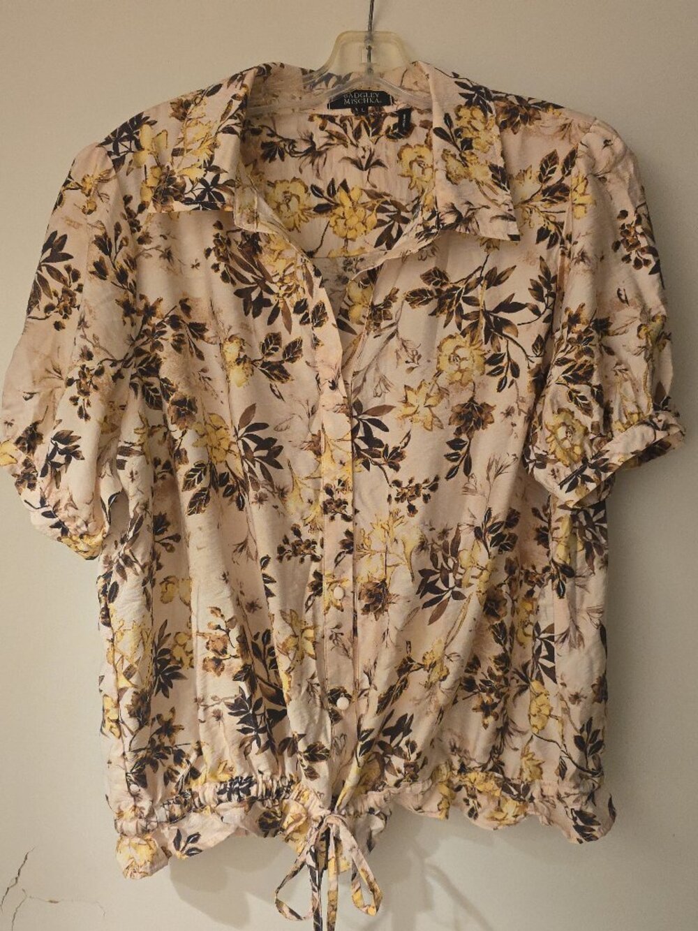 Badgley Mischka Floral Button-Up Blouse Women's L Cream Yellow Short Sleeve Tie